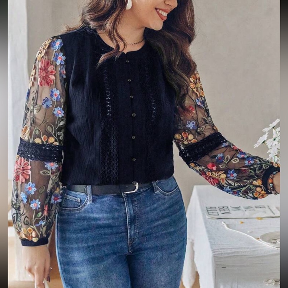 Boho Sheer Mesh Floral Embroidered Button Down Up Shirt Top Blouse Navy Blue - Picture 3 of 8
